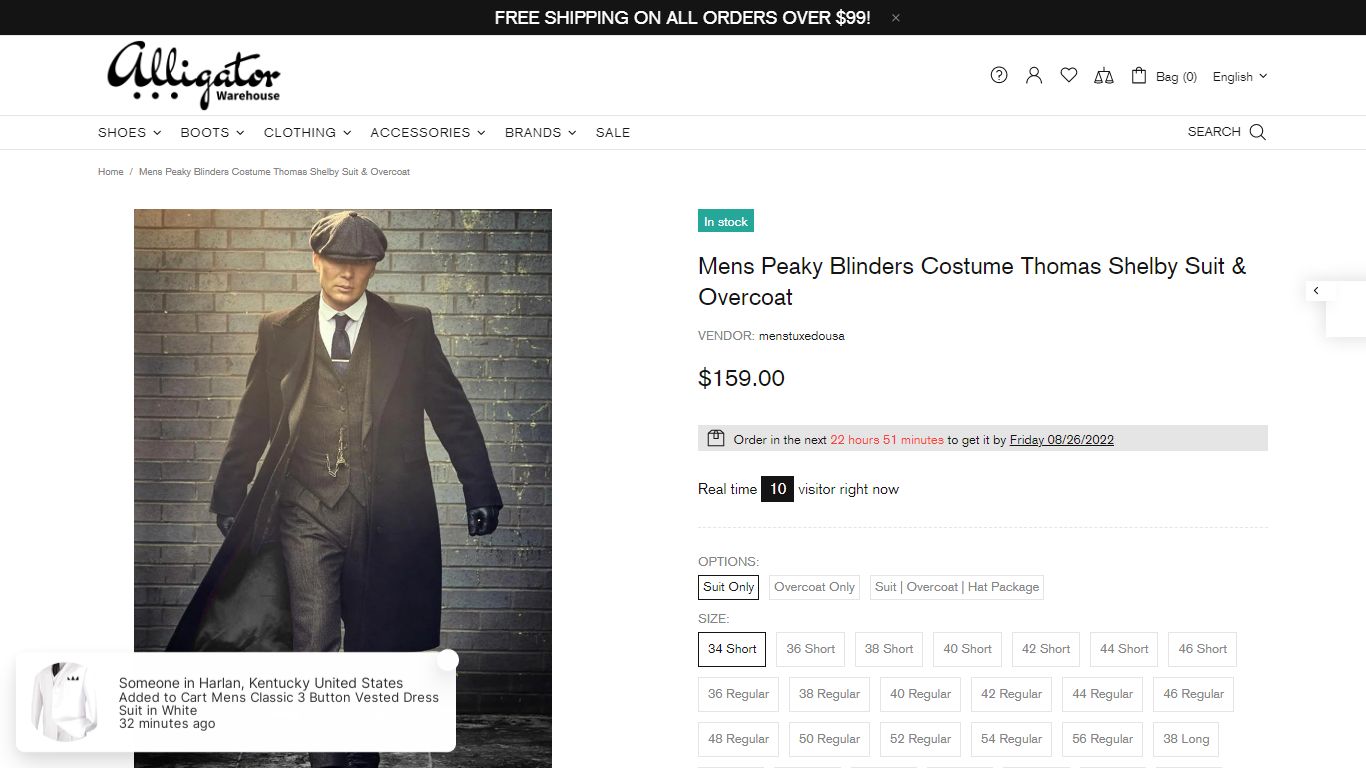 Mens Peaky Blinders Costume Thomas Shelby Suit & Overcoat